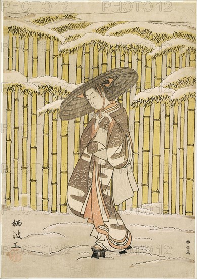 Passing the Bamboo Grove, 1766, Suzuki Harunobu ?? ??, Japanese, 1725 (?)-1770, Japan, Color woodblock print, chuban, surimono, 29.9 x 21.0 cm (11 3/4 x 8 1/4 in.)
