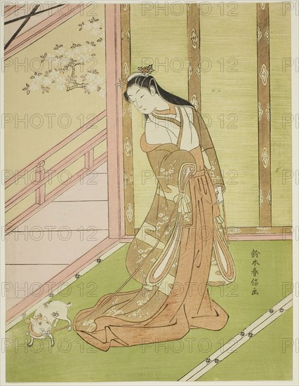 The Third Princess and Her Pet Cat, c. 1767/68, Suzuki Harunobu ?? ??, Japanese, 1725 (?)-1770, Japan, Color woodblock print, chuban, 10 7/8 x 8 1/8 in.