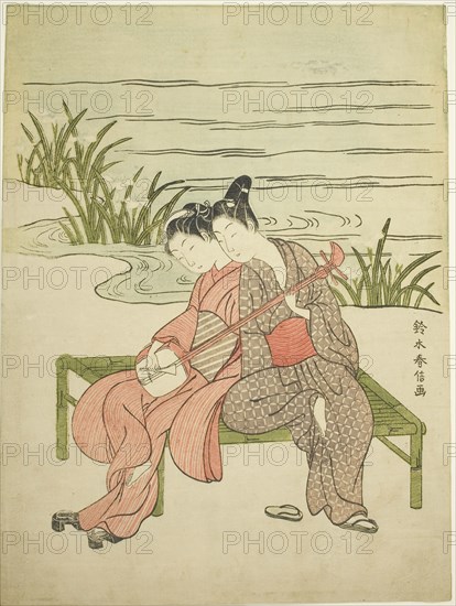 Lovers Playing the Same Shamisen (parody of Xuanzong and Yang Guifei), c. 1767, Suzuki Harunobu ?? ??, Japanese, 1725 (?)-1770, Japan, Color woodblock print, chuban, 11 x 8 1/4 in.
