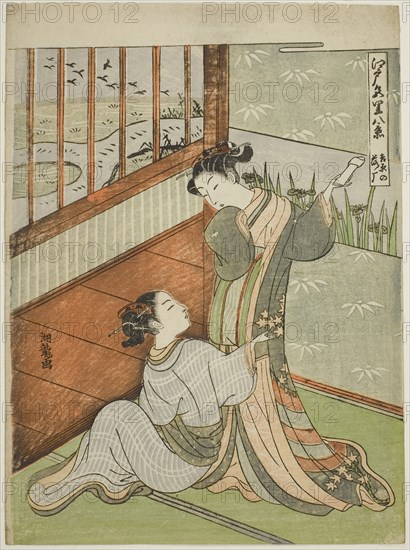 Geese Descending at Yoshiwara (Yoshiwara no rakugan), from the series Eight Views of the Edo Pleasure Quarters (Edo irozato hakkei), c. 1770/72, Isoda Koryusai, Japanese, 1735-1790, Japan, Color woodblock print, chuban, 10 1/8 x 7 1/2 in.