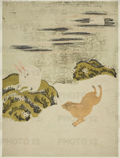 Hares Playing in Surf on a Moonlit Night, c. 1771, Attributed to Isoda Koryusai, Japanese, 1735-1790, Japan, Color woodblock print, chuban, 11 x 8 1/8 in.