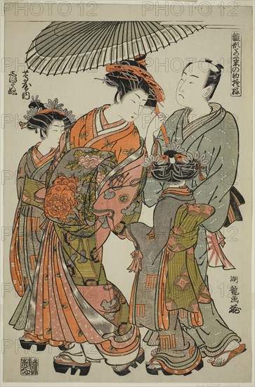 Shioginu of the Tsutaya, from the series Models for Fashion: New Designs as Fresh as Young Leaves (Hinagata wakana no hatsu moyo), c. 1777/78, Isoda Koryusai, Japanese, 1735-1790, Japan, Color woodblock print, oban, 15 x 10 in.