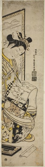 Woman Writing a Letter in Front of a Screen, early 1740s, Ishikawa Toyonobu, Japanese, 1711-1785, Japan, Hand-colored woodblock print, hashira-e, sumizuri-e, 65.1 x 16.3 cm (27 x 6 1/2 in.)