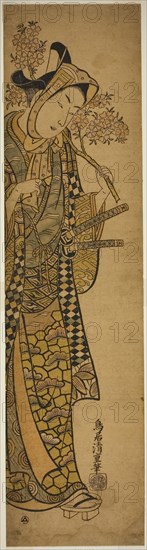 The Actor Sanogawa Ichimatsu l as a young man, c. 1742, Torii Kiyoshige, Japanese, active c. 1728-63, Japan, Hand-colored woodblock print, habahiro hashira-e, beni-e, 64.7 x 16.5 cm (25 1/2 x 6 1/2 in.)