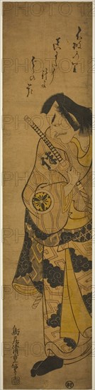 The Actor Matsumoto Koshiro II as Fuwa Banzaemon in the play Monzukushi Nagoya Soga, performed at the Ichimura Theater in the first month, 1748, 1748, Torii Kiyoshige, Japanese, active c. 1728-63, Japan, Hand-colored woodblock print, habahiro hashira-e, urushi-e, 65.3 x 15.1 cm (25 1/2 x 5 7/8 in.)