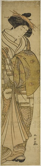 Courtesan Wearing a Chrysanthemum-Patterned Kimono, c. 1776, Katsukawa Shunsho ?? ??, Japanese, 1726-1792, Japan, Color woodblock print, wide hashira-e, 69 x 16.5 cm (27 1/4 x 6 1/2 in.)