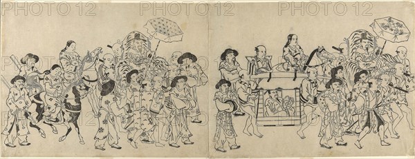 Arrival of the Korean Embassy in Edo, c. 1709, Torii Kiyonobu I, Japanese, 1664-1729, Japan, Woodblock print, oban sumizuri-e, 1 of 6 sheets from a 12-sheet composition (see 1925.2334a-f), 28 x 36.5 cm (11 1/24 x 14 3/8 in.)