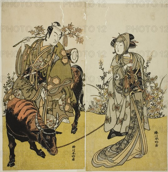 The Actors Iwai Hanshiro IV as Okume (right), and Ichikawa Monnosuke II as Koshiba Yukienojo Disguised as the Eboshi Seller Rokusaburo (left), in the Play Katakiuchi Adana Kashiku, Performed at the Nakamura Theater in the Seventh Month, 1779, c. 1779, Katsukawa Shunko I, Japanese, 1743-1812, Japan, Color woodblock print, hosoban, diptych, 30.4 x 14.8 cm (11 15/16 x 5 13/16 in.) (right), 30.4 x 15.2 cm (11 15/16 x 6 in.) (left)