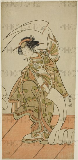 The Actor Segawa Kikunojo III as the Courtesan Kisegawa in a Nuno Sarashi Dance, in the Play Hana-zumo Genji Hiiki, Performed at the Nakamura Theater in the Eleventh Month, 1775, c. 1775, Katsukawa Shunsho ?? ??, Japanese, 1726-1792, Japan, Color woodblock print, hosoban, 32.5 x 15.5 cm (12 13/16 x 6 1/8 in.)