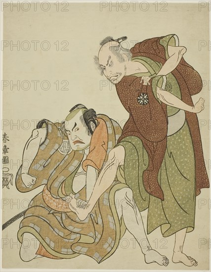 Actors playing the roles of Giheiji and his son-in-law, Danshichi Kurobei, c. 1768, Katsukawa Shunsho ?? ??, Japanese, 1726-1792, Japan, Color woodblock print, chuban, 24.4 x 18.9 cm (9 5/8 x 7 7/16 in.)