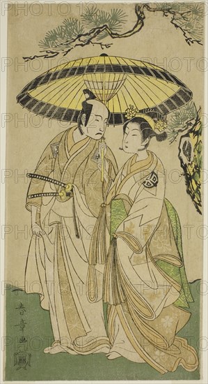 The Actors Arashi Hinaji I (right), and Ichikawa Komazo II (left), as Princess Sakura (Sakura Hime) (?) and Shimizu Tonoinosuke (?), in the Play Soga Moyo Aigo no Wakamatsu (?), Performed at the Nakamura Theater (?) in the Third Month, 1769 (?), c. 1769, Katsukawa Shunsho ?? ??, Japanese, 1726-1792, Japan, Color woodblock print, hosoban, 29.1 x 15.3 cm (11 7/16 x 6 in.)