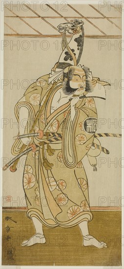 The Actor Arashi Sangoro II as Asahina Saburo in the Play Iro Maki-e Soga no Sakazuki, Performed at the Morita Theater in the First Month, 1773, c. 1773, Katsukawa Shunsho ?? ??, Japanese, 1726-1792, Japan, Color woodblock print, hosoban, from a multisheet composition (?), 30.5 x 13.8 cm (12 x 5 7/16 in.)