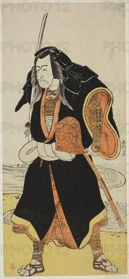 The Actor Ichikawa Danjuro V, Probably as Ise no Saburo Disguised as Sanjo Uemon, Leader of a Robber Gang, in Part Two of the Play Fude-hajime Kanjincho (First Calligraphy of the New Year: Kanjincho [The Subscription List]), Performed at the Nakamura Theater from the Fifteenth Day of the First Month, 1784, c. 1784, Katsukawa Shunko I, Japanese, 1743-1812, Japan, Color woodblock print, hosoban, right sheet of triptych (?), 29 x 13.2 cm (11 7/16 x 5 3/16 in.)