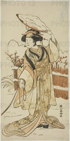 The Actor Yoshizawa Ayame IV as Yadorigi, the Sister of Nikaido Shinanosuke, Disguised as Orie, the Wife of Aoto Magosaburo, in Part Two of the Play Motomishi Yuki Sakae Hachi no Ki (Looking up at Falling Snow: Thriving Potted Trees), Performed at the Nakamura Theater from the First Day of the Eleventh Month, 1778, c. 1778, Katsukawa Shunko I, Japanese, 1743-1812, Japan, Color woodblock print, hosoban, probably right sheet of diptych, 30.5 x 15 cm (12 x 5 7/8 in.)
