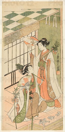 The Shrine Dancers (Miko) Ohatsu and Onami, 1769, Ippitsusai Buncho, Japanese, active c. 1755-90, Japan, Color woodblock print, hosoban, 32.7 x 15.5 cm (12 7/8 x 6 1/8 in.)