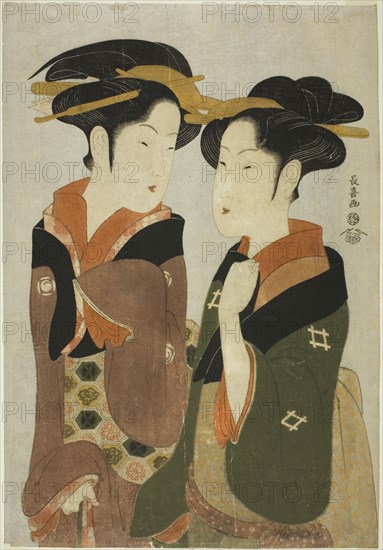 Kan, a waitress of the Izutsuya, and the geisha Fuseya of the Ogiya, c. 1794, Eishosai Choki, Japanese, active c. 1790s-early 1800s, Japan, Color woodblock print, oban, 38.7 x 26.9 cm (15 1/4 x 10 9/16 in.)