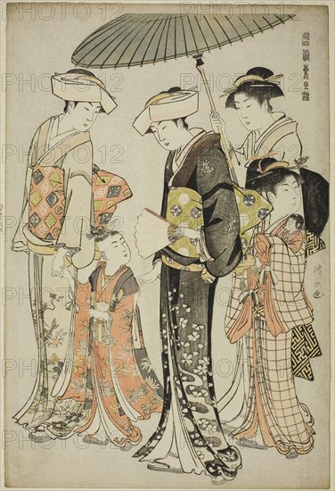A Girl and Four Servants, from the series A Brocade of Eastern Manners (Fuzoku Azuma no nishiki), c. 1783/84, Torii Kiyonaga, Japanese, 1752-1815, Japan, Color woodblock print, oban, 39.7 x 26.6 cm