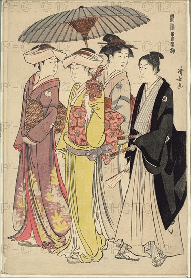 A Lady with Three Servants, from the series A Brocade of Eastern Manners (Fuzoku Azuma no nishiki), c. 1783/84, Torii Kiyonaga, Japanese, 1752-1815, Japan, Color woodblock print, oban, 39.6 x 26.8 cm