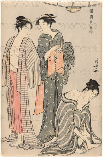Three Women after a Bath, from the series A Brocade of Eastern Manners (Fuzoku Azuma no nishiki), c. 1783/84, Torii Kiyonaga, Japanese, 1752-1815, Japan, Color woodblock print, oban, 37.3 x 24.6 cm