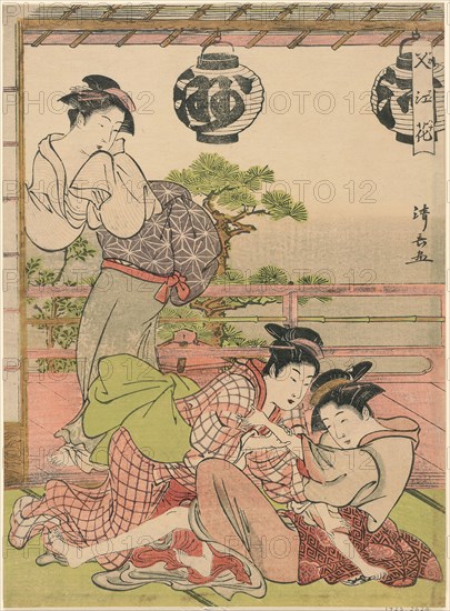 Two Geisha Struggling for a Letter (Fumi no arasoi), from the series Flowers of Nakasu (Nakasu no hana), c. 1781, Torii Kiyonaga, Japanese, 1752-1815, Japan, Color woodblock print, chuban, 25.7 x 18.8 cm