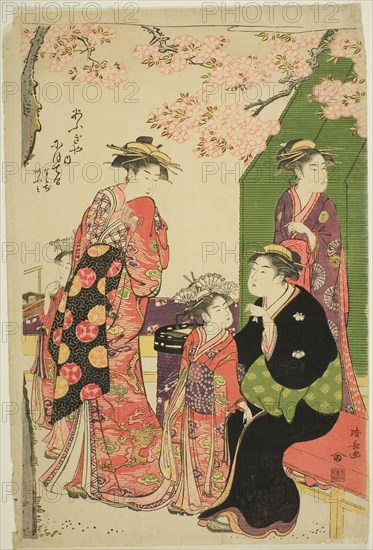 The Courtesans Nioteru, Namiji, and Omi of the Ogiya, 1785, Torii Kiyonaga, Japanese, 1752-1815, Japan, Color woodblock print, right sheet of oban triptych, 39.6 x 26.5 cm