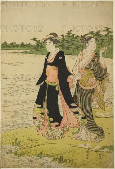 Two Women Waiting for a Ferry on the Sumida River, c. 1787, Torii Kiyonaga, Japanese, 1752-1815, Japan, Color woodblock print, right sheet of oban triptych, 37.5 x 25.3 cm