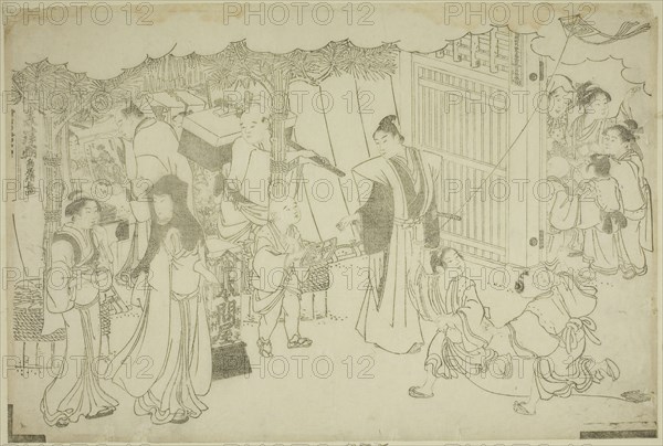 The First Day of Business (Akinai hajime), from the illustrated book Colors of the Triple Dawn (Saishiki mitsu no asa), c. 1787, Torii Kiyonaga, Japanese, 1752-1815, Japan, Woodblock print, oban, keyblock proof impression, 25.9 x 38.4 cm (10 3/16 x 15 1/8 in.)