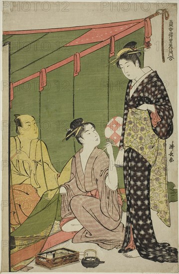 Mosquito Net, from the series A Collection of Contemporary Beauties of the Pleasure Quarters (Tosei yuri bijin awase), c. 1784, Torii Kiyonaga, Japanese, 1752-1815, Japan, Color woodblock print, oban, 39.5 x 25.9 cm