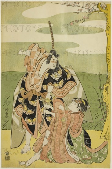 The Actor Ichikawa Monnosuke II as Soga no Goro and Segawa Kikunojo III as Tsukisayo, in the play Nanakusa Yosooi Soga, performed at the Nakamura Theater in the first month, 1782, c. 1782, Torii Kiyonaga, Japanese, 1752-1815, Japan, Color woodblock print, oban, 38.6 x 25.5 cm