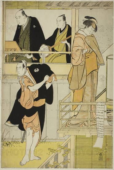 The Actors Nakamura Riko I as Tanbaya Otsuma and Ichikawa Yaozo III as Furuteya Hachirobei, in the joruri Sakamachi Yoi no Yotsutsuji, performed at the Nakamura Theater in the third month, 1785, 1785, Torii Kiyonaga, Japanese, 1752-1815, Japan, Color woodblock print, oban, 38.5 x 25.9 cm