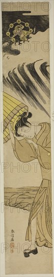 Woman Opening Umbrella as Thunder Approaches, c. 1769, Suzuki Harunobu ?? ??, Japanese, 1725 (?)-1770, Japan, Color woodblock print, hashira-e, 26 1/2 x 5 in.