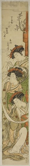 The Courtesans Chozan of the Chojiya, Hanaogi of the Ogiya, and Matsunoi of the Matsubaya, c. 1776/81, Isoda Koryusai, Japanese, 1735-1790, Japan, Color woodblock print, hashira-e, 27 1/2 x 4 5/8 in.