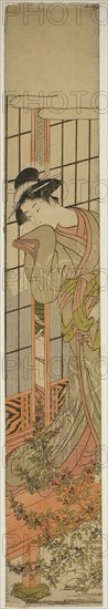 Eavesdropping, c. 1780, Isoda Koryusai, Japanese, 1735-1790, Japan, Color woodblock print, hashira-e, 27 1/8 x 4 3/8 in.