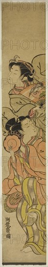 Two Dancers, c. 1772, Isoda Koryusai, Japanese, 1735-1790, Japan, Color woodblock print, hashira-e, 27 5/8 x 4 5/8 in.