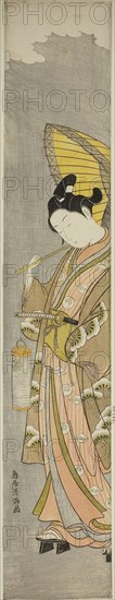 Young man holding umbrella and lantern, c. 1769, Torii Kiyomitsu I, Japanese, 1735-1785, Japan, Color woodblock print, hashira-e, 71.1 x 14.0 cm (28 x 5 1/2 in.)