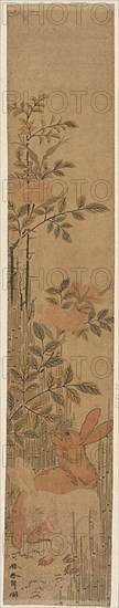 Hares and Roses, c. 1783, Katsushika Hokusai ?? ??, Japanese, 1760-1849, Japan, Color woodblock print, hashira-e, 67.2 x 12.1 cm