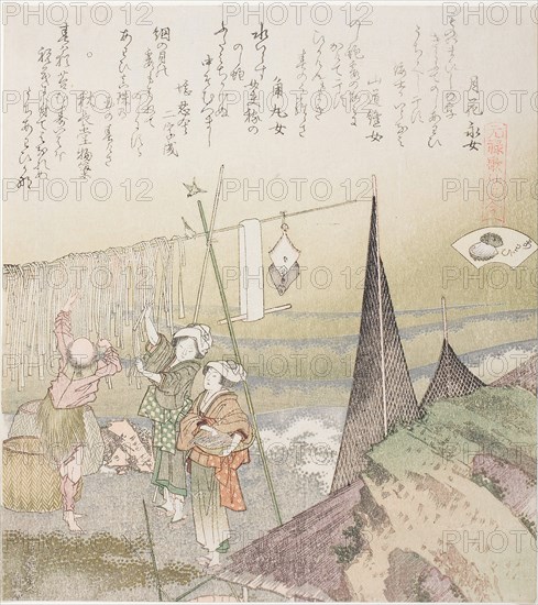 Hanging Abalone Out to Dry, illustration for Abalone (Awabi), from the series A Matching Game with Genroku-period Poem Shells (Genroku kasen kai awase), 1821, Katsushika Hokusai ?? ??, Japanese, 1760–1849, Japan, Color woodblock print with metallic pigments, surimono shikishiban, 19.7 x 17.7 cm