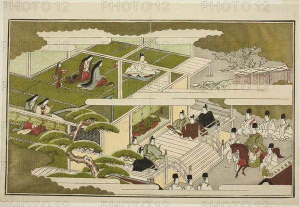 New Year at Court, from the illustrated kyoka anthology The Young God Ebisu (Waka Ebisu), New Year, 1789, Kitagawa Utamaro ??? ??, Japanese, 1753 (?)-1806, Japan, Color woodblock print, double-page illustration from album