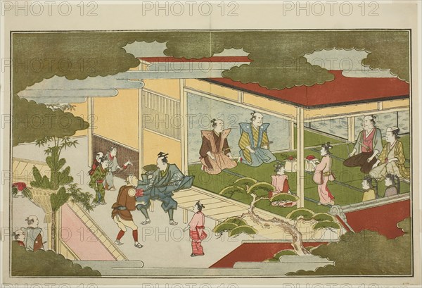 New Year in a Samurai Mansion, from the illustrated kyoka anthology The Young God Ebisu (Waka Ebisu), New Year, 1789, Kitagawa Utamaro ??? ??, Japanese, 1753 (?)-1806, Japan, Color woodblock print, double-page illustration from album