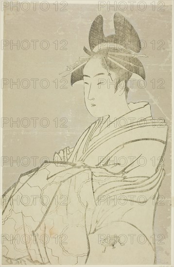 Miyahito of the Ogiya, Whose Assistants Are Tsubaki and Shirabe (Ogiya uchi Miyahito, Tsubaki, Shirabe), 1793/94, Kitagawa Utamaro ??? ??, Japanese, 1753 (?)-1806, Japan, Woodblock print, oban, keyblock proof impression with mica
