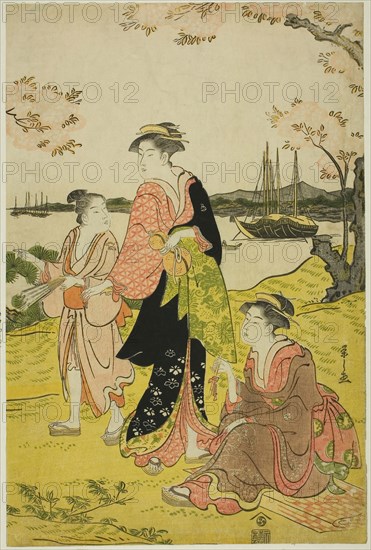 Viewing Cherry Blossoms at Goten Hill, c. 1787, Chobunsai Eishi, Japanese, 1756-1829, Japan, Color woodblock print, right sheet of oban triptych (left sheet: 1939.2195, keyblock proof impression: 1925.3090), 36.9 x 24.6 cm (14 1/2 x 9 11/16 in.)