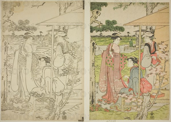 Viewing Cherry Blossoms from a Teahouse on Asuka Hill, c. 1789/90, Chobunsai Eishi, Japanese, 1756-1829, Japan, Woodblock prints, 2 right sheets of oban triptych, keyblock and color impressions, 50.8 x 71 cm (20 x 27 15/16 in.)