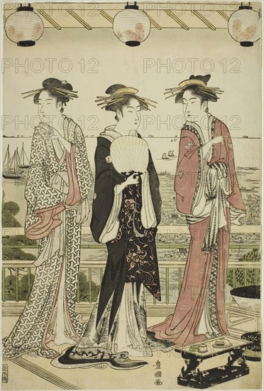 Four Seasons in the South, Summer View (Minami shiki natsu no kei), c. 1789/93, Utagawa Toyokuni I ?? ?? ??, Japanese, 1769–1825, Japan, Color woodblock print, center sheet of oban triptych, 14 1/2 x 9 1/2 in.