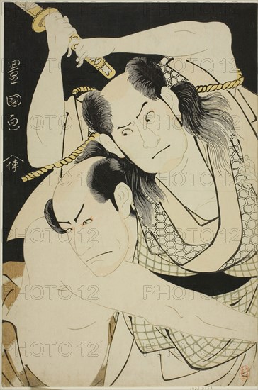 The actors Sawamura Sojuro II as Satsuma Gengobei and Arashi Ryuzo II as Mawashi-otoko Yasuke in the play Edo Sunago Kichirei Soga, performed at the Miyako Theater on the first month, 1795, c. 1795, Utagawa Toyokuni I ?? ?? ??, Japanese, 1769–1825, Japan, Color woodblock print, oban, 38 x 25.2 cm (14 15/16 x 9 15/16 in.)