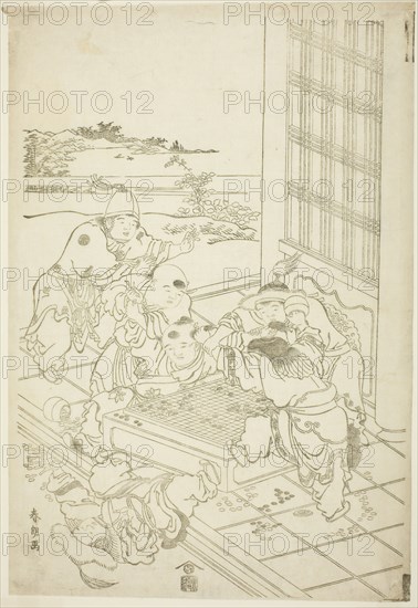 Chinese and Tartar Boys Quarreling over a Game of Go, c. 1790, Katsushika Hokusai ?? ??, Japanese, 1760-1849, Japan, Woodblock print, oban, keyblock proof impression, 38.5 x 26.3 cm (15 3/16 x 10 3/8 in.)