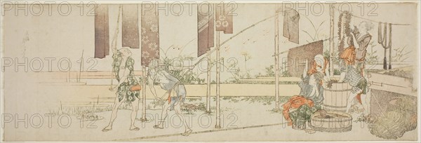 Hanging up dyed cloth, c. 1805, Katsushika Hokusai ?? ??, Japanese, 1760-1849, Japan, Color woodblock print, nagaban, surimono, 7 3/8 x 21 7/8 in.