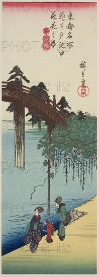 Wisteria in Full Bloom over the Pond at Kameido Shrine (Kameido ike chu fujibana no sakari), from the series Famous Places in the Eastern Capital (Toto meisho), c. 1835/38, Utagawa Hiroshige ?? ??, Japanese, 1797-1858, Japan, Color woodblock print, chu-tanzaku, 38 x 12.5 cm (14 15/16 x 4 15/16 in.)