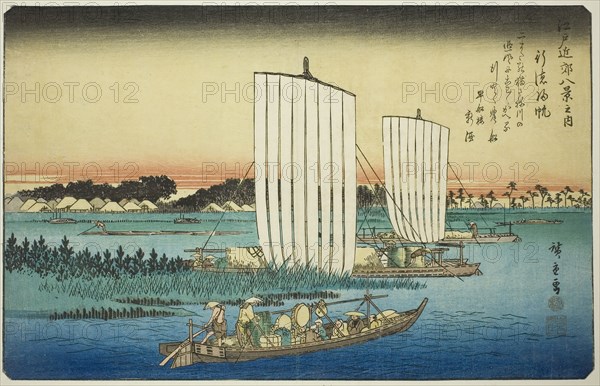 Returning Sails at Gyotoku (Gyotoku no kihan), from the series Eight Views in the Environs of Edo (Edo kinko hakkei no uchi), c. 1837/38, Utagawa Hiroshige ?? ??, Japanese, 1797-1858, Japan, Color woodblock print, oban, 13 3/4 x 8 3/4 in.