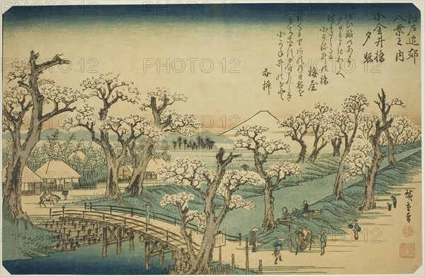 Sunset Glow at Koganei Bridge (Koganei-bashi sekisho), from the series Eight Views in the Environs of Edo (Edo kinko hakkei no uchi), c. 1837/38, Utagawa Hiroshige ?? ??, Japanese, 1797-1858, Japan, Color woodblock print, oban, 9 x 13 3/4 in.