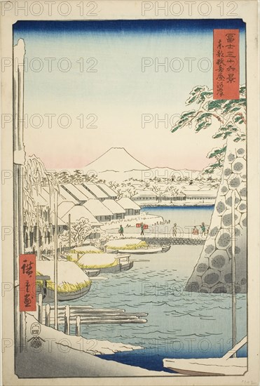 The Riverbank at Sukiya in the Eastern Capital (Toto Sukiyagashi), from the series Thirty-six Views of Mount Fuji (Fuji sanjurokkei), 1858, Utagawa Hiroshige ?? ??, Japanese, 1797-1858, Japan, Color woodblock print, oban, 36.2 x 24.8 cm (14 1/4 x 9 3/4 in.)